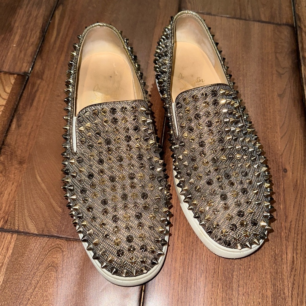 Louboutin Roller Boat Women Flat Glitter Chain Shoes